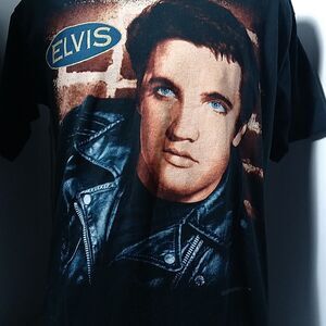 Vtg ELVIS PRESLEY King Rock Roll Print Fruit of the Loom Black T Shirt Large EUC